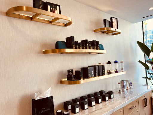 Shelves displaying various skincare products and cosmetics against a neutral wall.